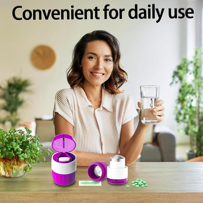 Pill Cutter Splitter for Small and Tiny Pills Vitamins Tablets, Built-in Storage Compartment, Pill Crusher Fine Powder with Stainless Steel Grinding Head,Pills Grinder with Pill Box Organizer (Purple)