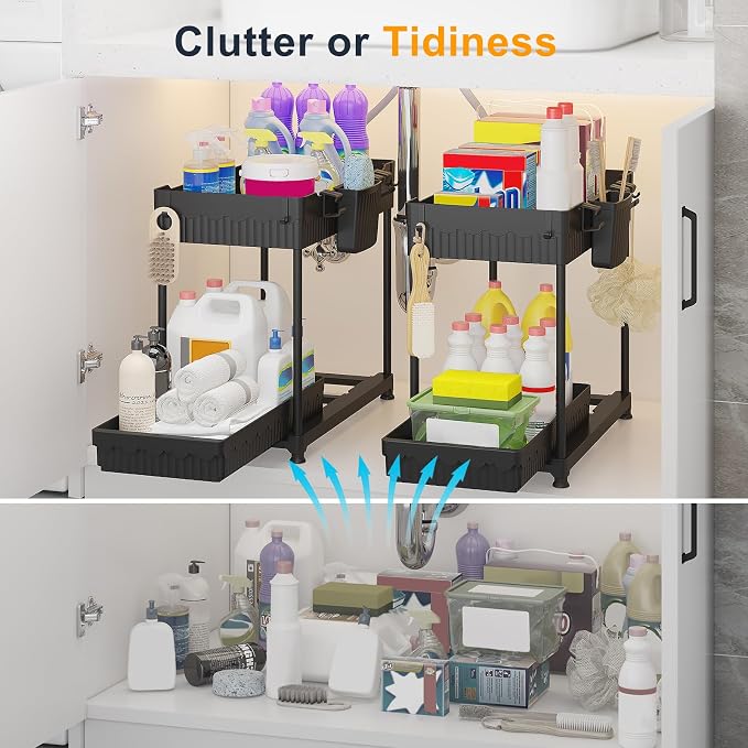 2-Pack 2-Tier Under Sink Organizers with Sliding Drawers | Multi-use kitchen & bathroom storage, 12.85 inch black cabinet organizer, space-saving sliding drawer design.