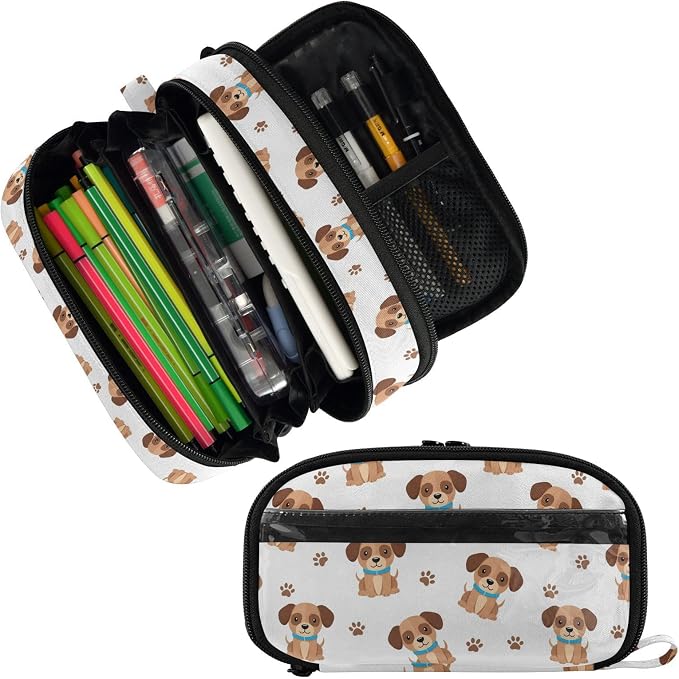 Cute Pets Puppies White pattern Large Capacity Pencil Case with Zipper Water Resistant Portable Organizer Pen Bag for Office Students School