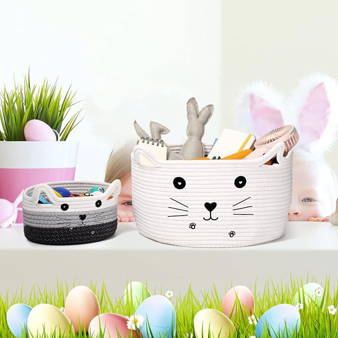 Zopeal Cat Storage Basket Woven Organizer with Ears Decorative Gift Cute Cotton Rope Pet Toy Basket for Gift Cat Dog Toy Bin Nursery Room(13.7 x 7.8 Inch,White)