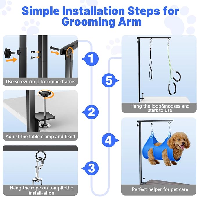 Dog Grooming Arm, 26"-38" Adjustable Clamp with Hammock | Nail Clippers Included, Adjustable Height, Heavy-Duty Design, 2 No-Sit Holders, Small & Medium Dogs