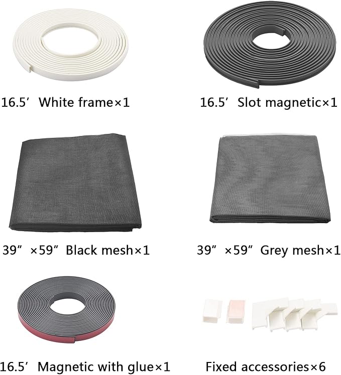 Adjustable Magnetic Mosquito Fiberglass Screen kit Seamless Window Screen for Pet/Screen/Porch Screen/Basement Window (Frame Length:197"/Screen:39"x59", White Frame + Black Screen + Gray Screen)