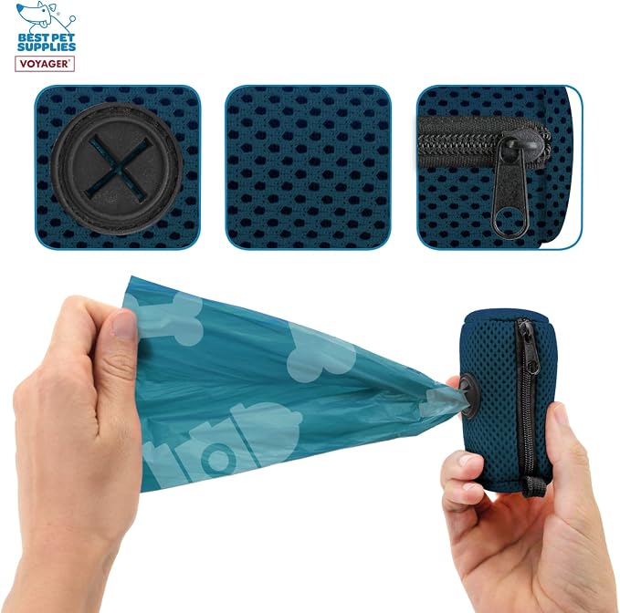 Best Pet Supplies Dog Poop Bag Holder Leash Attachment with Reusable Dispenser for Travel, Walking, Park, and Outdoor Use, Durable with Clip-On - Prussian Blue, Pack of 2, Mesh Dispenser w/30 Bags