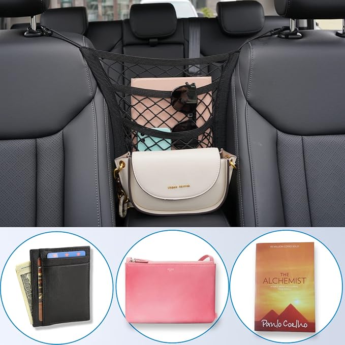3-Layer Car Mesh 11.8" x 10.6" Organizer Between Front Seats | Kid Dog Pet Net Barrier Car Net Pocket Elastic Tissue Purse Holder Netting For Midsize SUV, Van