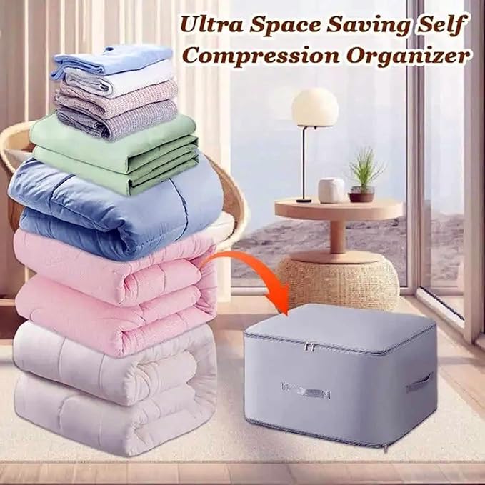 Ultra Space Saving Self Compression Organizer, 4 Pack Comforter Storage Bags with Zipper - Foldable Vacuum Sealless Storage Bags for Clothes, Bedding, Blankets & Seasonal Clothing (Beige, X-Large)