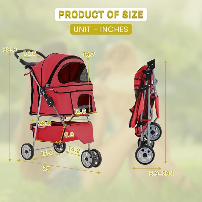 Stroller for Pet Stroller Dog Cat Jogger Stroller for Medium Small Dogs Cats Folding Lightweight Travel Stroller with Cup Holder，Red