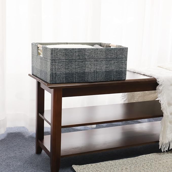Fabric Storage Box, 13x9in Foldable Cotton Linen Basket with Wooden Handle | Small Rectangular Cube Decorative Home Laundry Organizer Clothes Blanket Container Organizing Clothes Sheet, Dark Gray Plaid