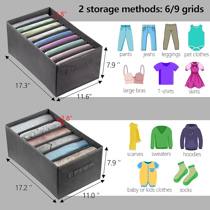 4Pcs Large Wardrobe Clothes Organizer, 6/9 Grids Foldable Jeans Closet Drawer Organizer Storage Box with Handles for Pants, T-shirts, Sweater, Scarves, Bras (17.3"x11.8"x7.9")