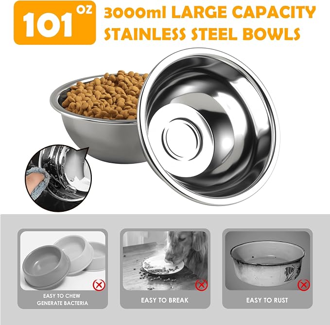 Extra Large Elevated Dog Bowl Stand for Multiple Dogs – 6 Height Adjustable Raised Stand with 3×101oz Stainless Steel Bowls & Non-Slip Mat for XLarge Breeds