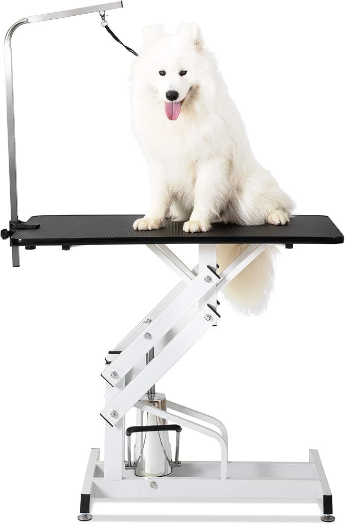 Hydraulic Dog Pet Grooming Table, 42 Inch Heavy Duty Professional Pet Grooming Station 21'' -36'' Height Adjustable for Small Medium Large Dog at Home with Clamps and Grooming Noose, Black