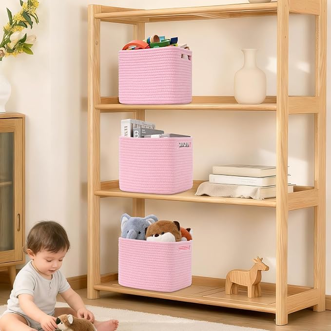 3 Pack Cube Storage Bin, 9”x9”x7” Cotton Rope Woven Baskets for Organizing Toys Clothes Towels, Square Gift Storage Baskets for Shelves, Nursery, Closet, Bathroom, Pantry (Pink)