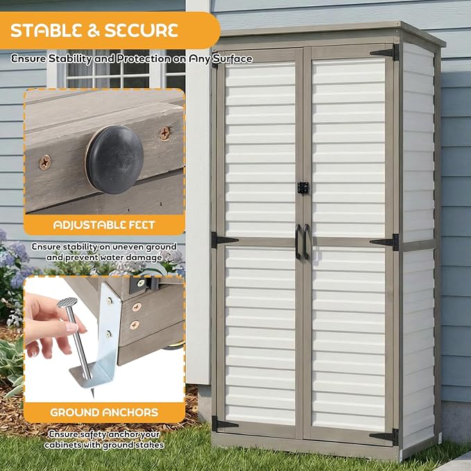 Outdoor Storage Cabinet, Wood & Plastic Garden Shed with Adjustable Shelves | Waterproof Slanted Roof, Rustproof Plastic Panels, Lockable Magnetic Doors, Leveling Feet, White, for Patio, Backyard, Garage