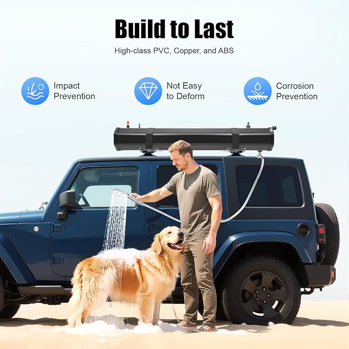 7.93 Gallon Self-Pressurized Water Tank Bumper Mount Roof Rack Water Storage Portable Shower for Camping with 5.58ft Hose Self-Pressurizing Design for Hiking, Travel Car Pet