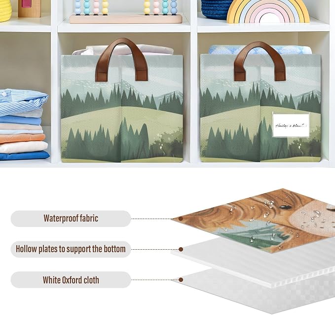 Cute Highland Cow Green Grass Baby Storage Basket with Labels&Handles Rectangular Nursery Storage Bins Collapsible Shelf Organizer Baskets for Kids Books Cloth Gift Basket Toys Laundry, 2 Pack