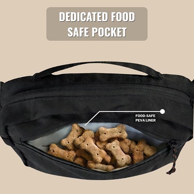 Crossbody Dog Walking Bag, Treat Pouch & Poop Bag Holder, Charcoal Black | Crossbody dog walking bag, hands-free. PEVA-lined treat pouch, poop bag holder, leash hook. Water-resistant, 4-50 in. strap
