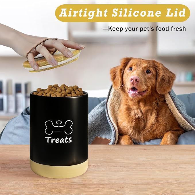 Dog Treat Container Airtight - 5 Inch Wide x 7.5 Inch Black Ceramic Dog Treat Jar for Kitchen Counter, Doggie Cookie Jar with Airtight Bamboo Lid - Farmhouse Style Dog Food Storage Container