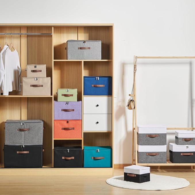 Storage Bins with Zipper Lids Decorative Lidded Baskets Boxes | Clothes Container, Closet Shelf Organizer, Foldable Washable, Cotton Linen Fabric, w/ PU Leather Handles, Gray White, Large