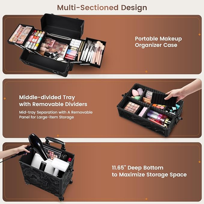 3 in 1 Rolling Makeup Case Cosmetology Case on Wheels Alpine Black | Cosmetic Trolley Large Storage with Keys 360° Swivel Salon Barber Case Traveling Cart Trunk for Artist Hairstylists Nail Tech
