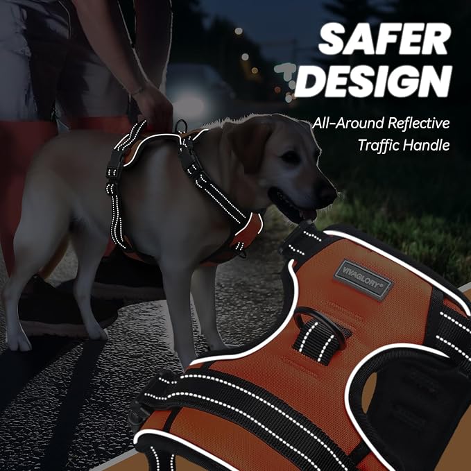 VIVAGLORY No Pull Dog Harness Vest Harness, M, Orange - Plain | with Handle Front and Back Clip for Training & Pulling, No Pull & Escape Proof Padded Adjustable for Pet Puppy