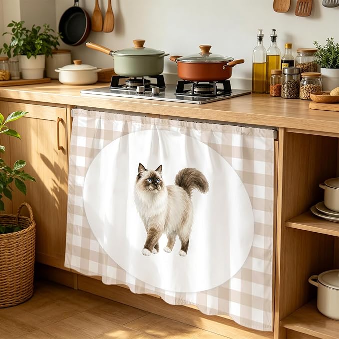 Ragdoll Cat Cabinet Curtain 35"Wx35"L, Dustproof Under Sink Skirt with Self Adhesive Tape, Modern Linen Plaid Farmhouse Pet Cats Cabinet Curtain Cover for Kitchen Sink, Bathroom Vanity, Laundry Room