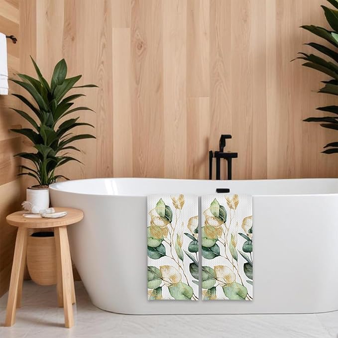 Watercolor Gold Eucalyptus Sage Hand Towels,Set of 2 Absorbent Bath Towel Kitchen Dish Towel Home Gym Hotel Bathroom Decor,16x24 Inches