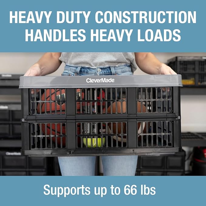 CleverMade Collapsible Utility Crate (Recycled) - 45L - Ocean (3PK) | Create Stackable Order for Groceries, Tools, and Gear | Each Crate Holds 66 lb, Folds Under 3 Inches, and Carries Easily