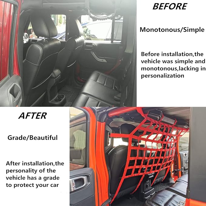 Rear Seat Dog Barrier Net Divider for Jeep Wrangler JK JL JT 2007-2025 | Fits Jeep Wrangler JK JL & Gladiator JT 2/4 Door, Red, Thickened Polyester Pet & Child Safety Barrier, No-Tool Install