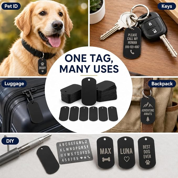 100Pcs Blank Dog Tags, Anodized Aluminum Blanks, Metal Tags Keychain Blanks Metal Tag for Engraving Stamping Craft (Black)