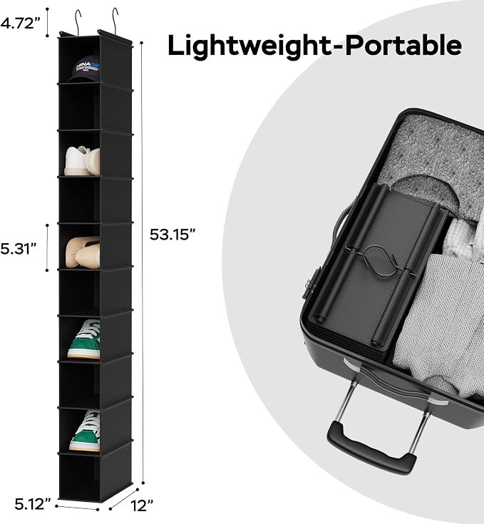 MAX Houser 2 Pack 10 Tier Foldable Hanging Shoe Organizer Black | Foldable Hanging Shoe Storage Shelf with 2 Metal Hooks, Space Saving Storage for Narrow Space