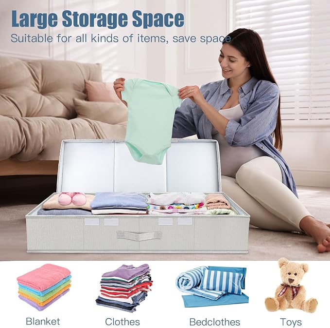 Supowin 2Pack Large Underbed Storage Containers Bin with Lids, Light Gray | 6 Inches Tall Under Bed Storage Organizer Box with Handles, Foldable Closet Organizer for Clothes, Blankets, Seasonal Items