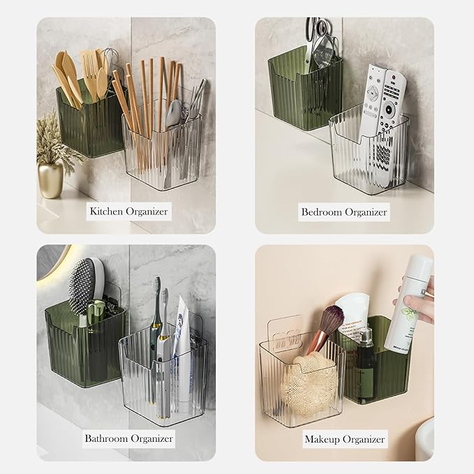 Lae Nuvole Clear Adhesive Wall Organizer Bins, Cabinet Door Storage, 4 Pack | 8 adhesive pads, No Drill, PET, stackable, space-saving; renter friendly, for Bathroom, Kitchen, Pantry, RV, Dorm, Office
