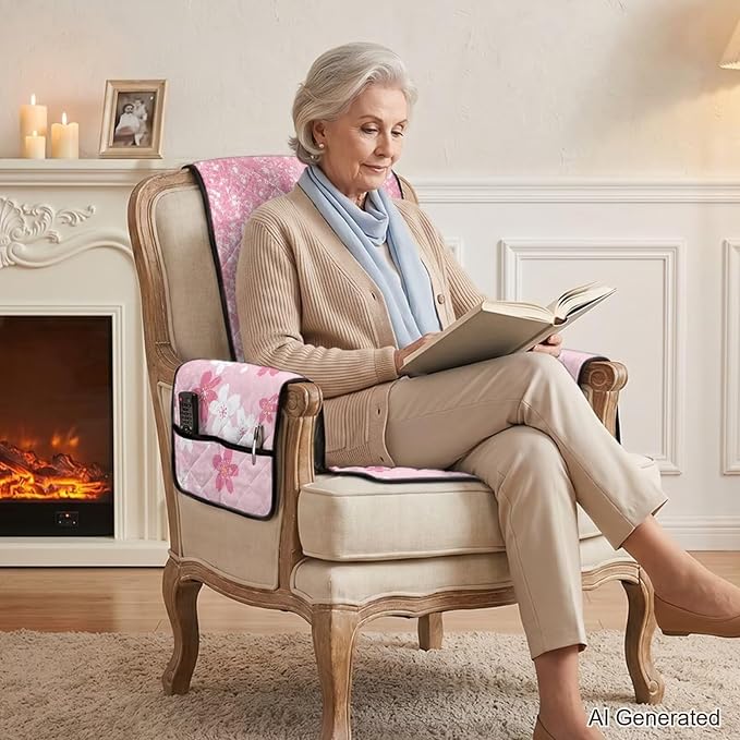 Cherry Blossom Recliner Chair Covers Pink 4 Piece Quilted | Recliner Chair Slipcovers with Arms Non Slip Armchair Cover with Pockets,Stain Resistant Furniture Protector for Living Room