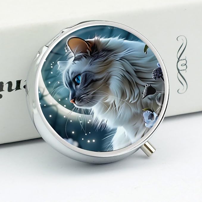 White Cat Pattern Metal Round Pill Box, 3 Compartment Travel Organizer, Portable Pill Container with Secure Latch, 2 Inch Circular Vitamin Caddy for Pills and Vitamins, Gift for Him Her Elderly