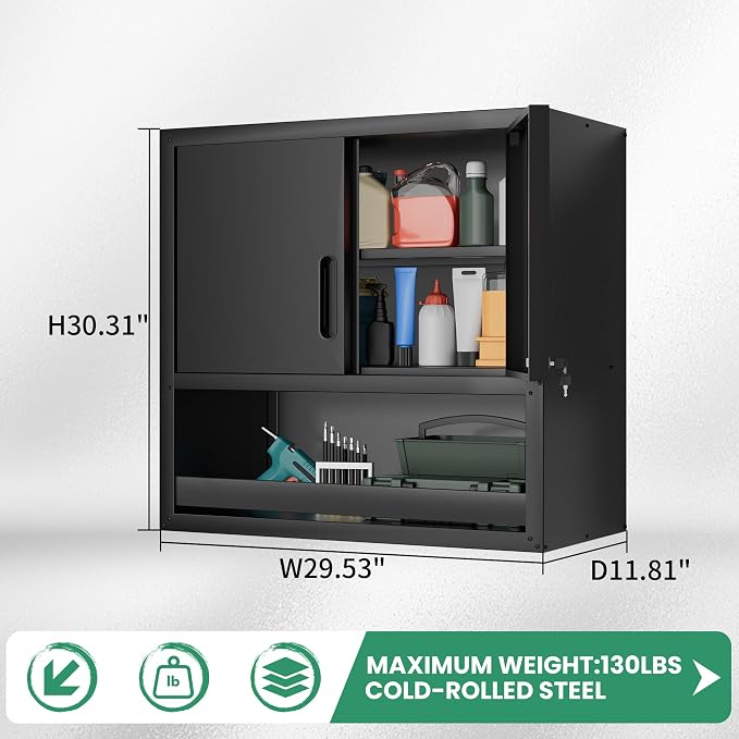 Garage Wall Cabinet,29.5" W Wall Mounted Garage Cabinets with Adjustable Shelf,Heavy Duty Lockable Metal Cabinet,Secure Hanging Tool Cabinet for Basement,Laundry Room,Workshop,Black