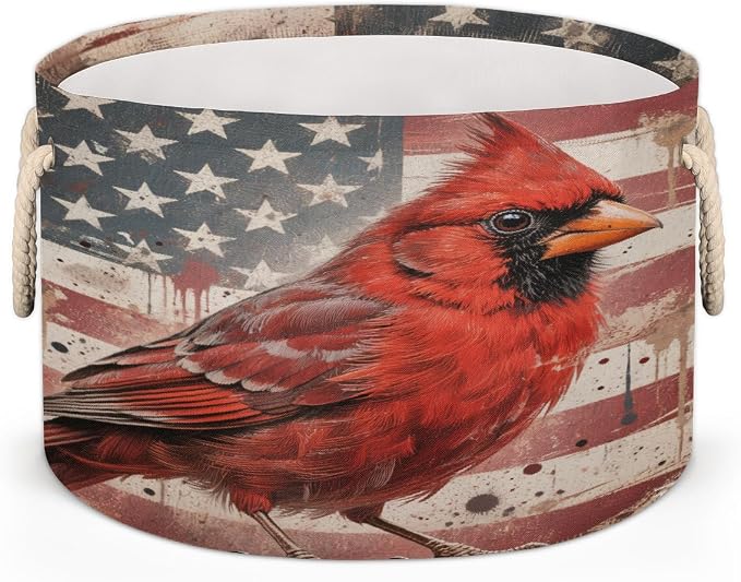 Large Storage Baskets - Red Cardinal American Flag Nursery Organizer Bin Box with Handles Collapsible Round Laundry Hamper for Kids Toys Pet Blanket, Bedroom Living Room Home Decor Gift Basket