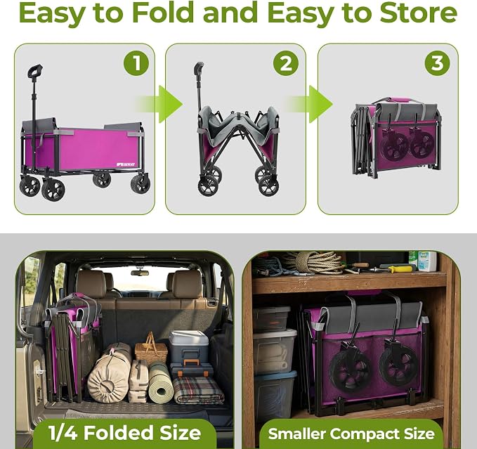 Pink Folding Wagon Cart with Wide Wheels, Lightweight & Portable, Easy Fold & Removable Side Utility Wagon for Groceries, Gardening, Camping, Pet Use
