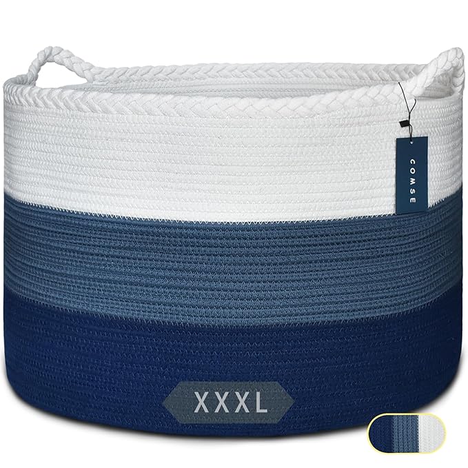 COMSE XXXLarge Woven Blanket & Laundry Basket, 87L, White & Blue | 21.7" x 13.8", Cotton Rope, Nursery Hamper for Storage of Toys Clothes Towels, Ideal for Living Room Bedroom Bathroom
