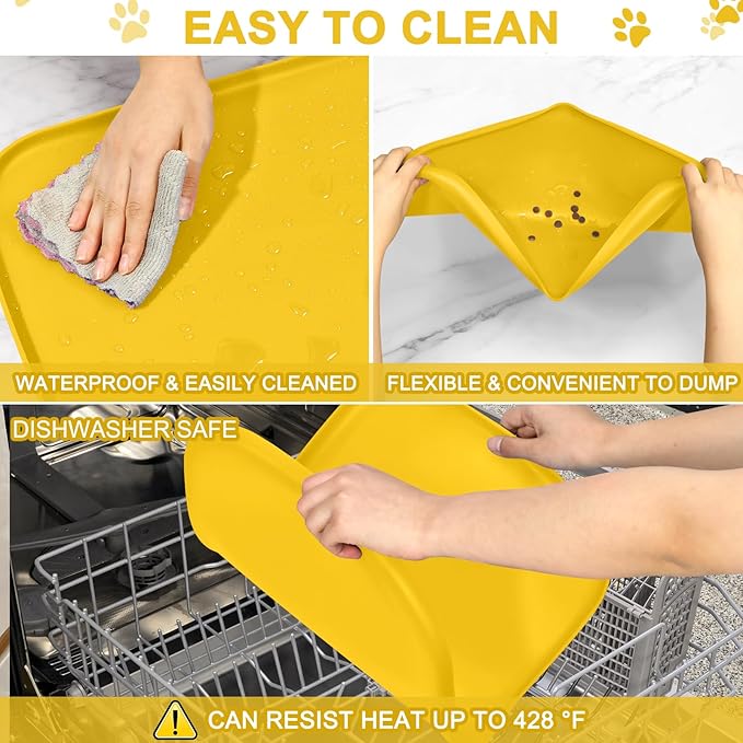 Smilool Silicone Pet Food Mat with Raised Edge for Food and Water Bowl, Dog Feeding Mats, Cat Food Trays for Floor Waterproof, Rubber Tray for Dogs and Cats, 19 x 12 x 0.7 Vivid Yellow