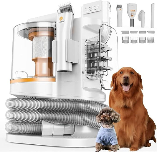 Pet Grooming Kit with 3.4L Oversized Vacuum Suction - 99% Pet Hair Removal - Professional Dog Clippers & Shedding Tools for Cats, Teddy, Poodle, Golden Retrievers (White-Orange)