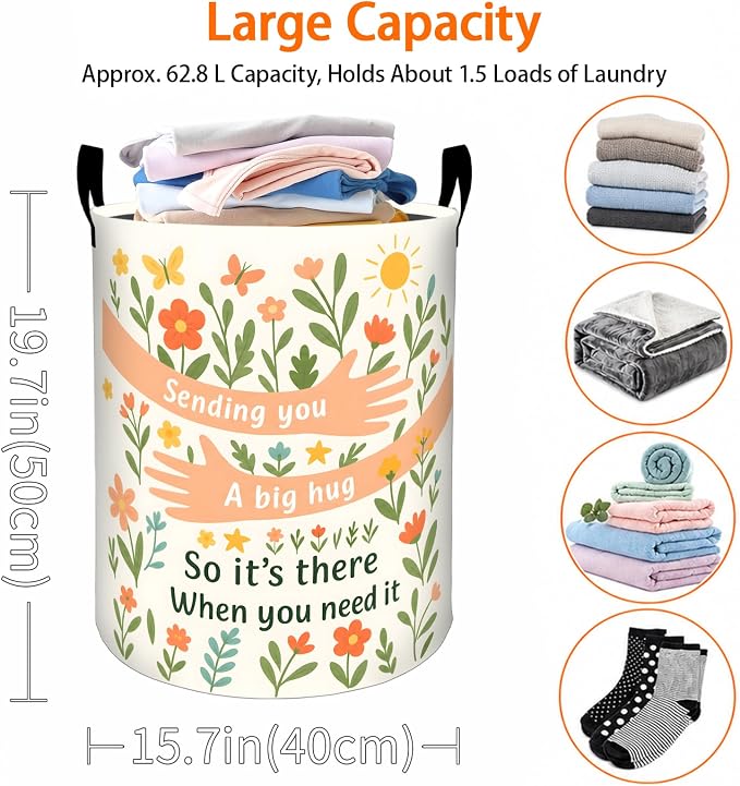 Hug Quote Laundry Basket, Whimsical Floral Hand Oxford Cloth Dirty Clothes Collapsible Hamper for Room Decor, Get Well Gifts, Toy Organizer 19.7 x 15.7 Inches for Bedroom Bathroom Dorm