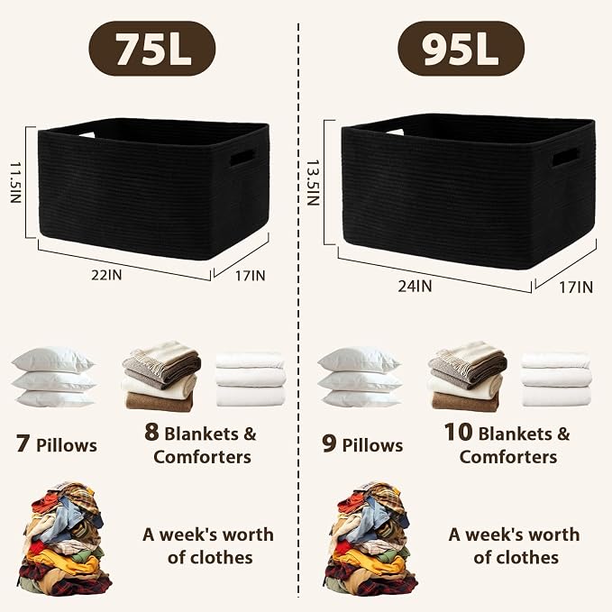 Optish 75L Large Woven Blanket Basket, Storage Basket with Handles, Black | Sturdy Cotton Rope Basket Organizer Blanket, a lot of Toys, Comforter, Pillows, Bedroom, Living Room, Bathroom, Easy to Carry