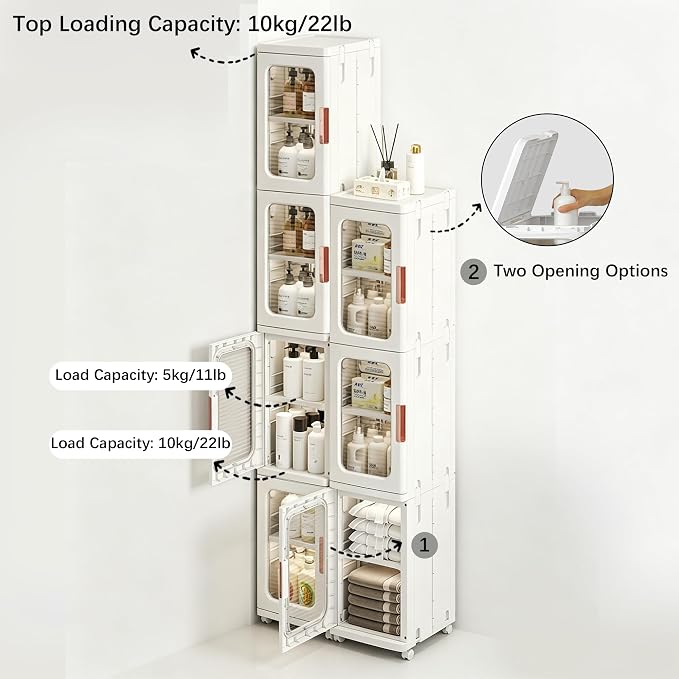 Tall Narrow Storage Cabinet with Movable Wheels, Adjustable Shelves & Magnetic Doors – Foldable Slim Plastic Organizer for Bathroom, Kitchen, Laundry, Ideal for Small Spaces(4-Tier,White)