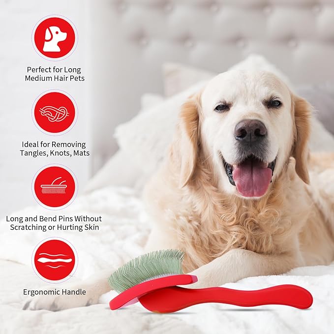 Dog Slicker Brush for Goldendoodles, Poodles & Long Haired Dogs - Long Pin Doodle Brush & Pet Comb Kit Removes Tangles Loose & Knots, Professional Grooming Tools with Wooden Handle, Red