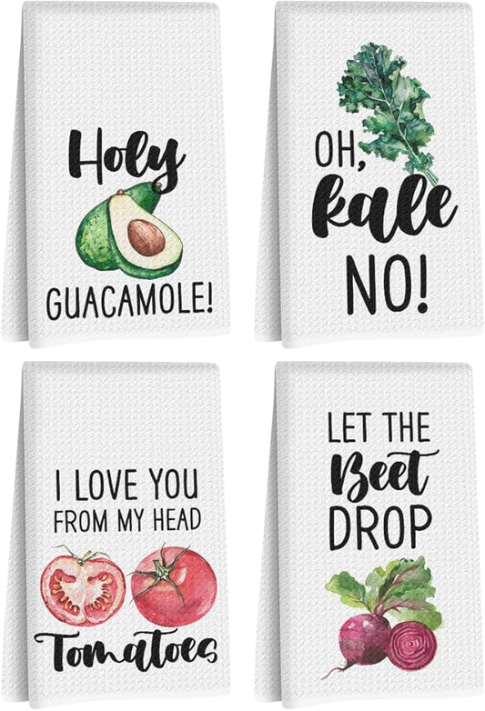 4Pcs Funny Vegetable Kitchen Towels 24x14 Inch, Tomato Avocado Carrot Decor Microfiber Reusable Tea Towels for Bathroom Farmhouse, Durable Waffle Dish Drying Towel, Housewarming Gifts for Women Mom