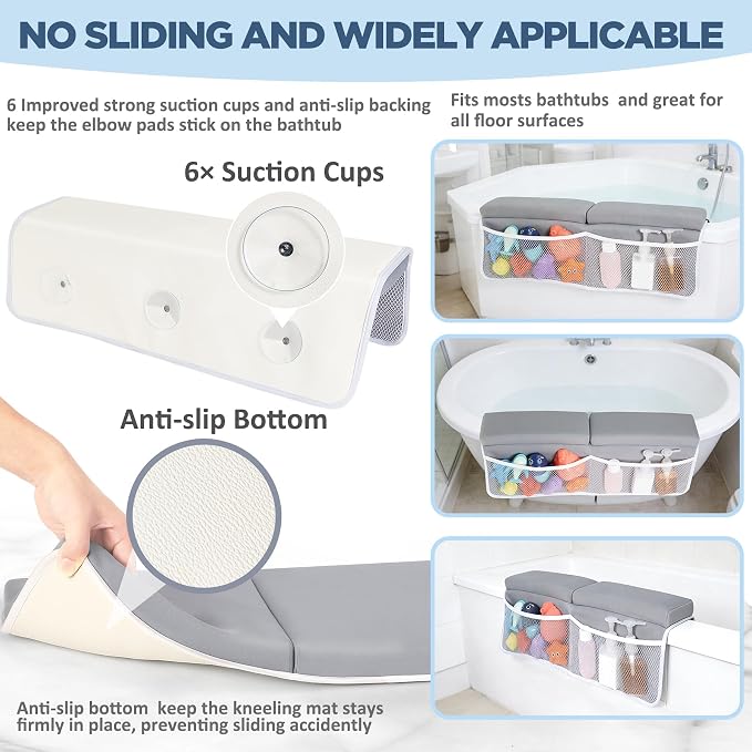 beiens Bath Kneeler and Elbow Rest Pad Set, 1.5 Inch Thick Memory Foam Mat | Quick-dry, Non-slip, 6 Suction Cups, 4 Toy Organizer Pockets, Machine Wash, Foldable Bathtub Kneeling Pad for Bathing Baby