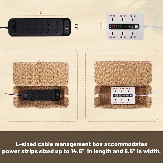 Cable Management Box, Cord Organizer with Lid & Cable Ties - Natural Large | Handmade Open Slots Cord Hider Outlet Covers for Power Strip TV PC Router Charger Under Desk Storage