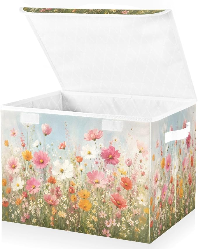 Fabric Storage Bins with Lid Flower Garden Closet Storage Basket 40L | Decorative Storage Boxes, Foldable & Stackable, Dust-Proof Flip Top, Reinforced Handles, For Home & Dorm, Clothes & Toy Box