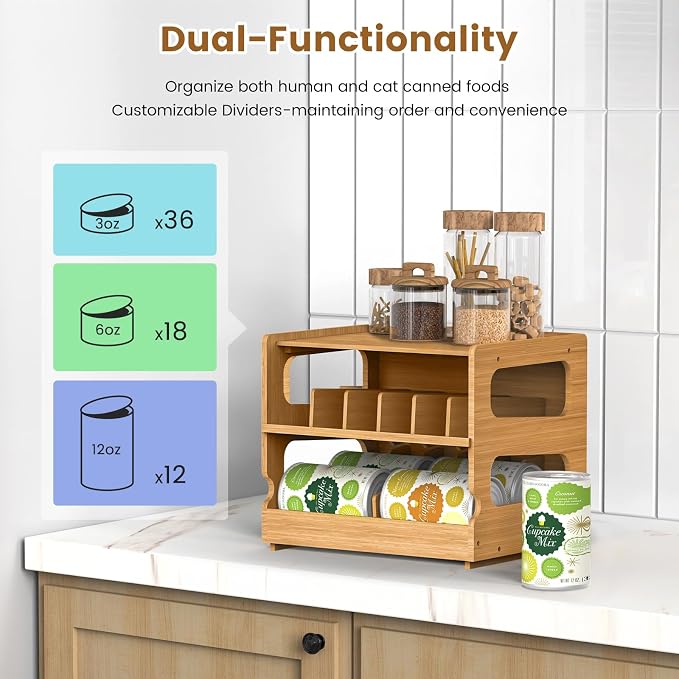 Stackable Bamboo Cat Food Can Organizer, Cat Canned Food Organizer Storage | 2-Tier Adjustable Stacking Can Dispensers, First-In & First-Out System, Holds Up to 36 Cans - for Pantry, Cabinet, Countertop