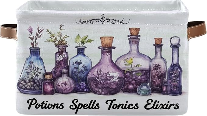 Halloween Witch Potions Storage Basket with Waterproof Liner and PU Handles Purple Herb Spooky Storage Bins Boxes 14.2" Collapsible Decorative Organizer Baskets for Bedroom Closet Office 1 Pack