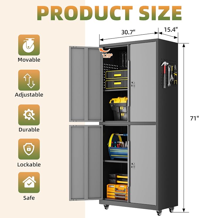 71''H Garage Storage Cabinet with Wheels, Meatl Storage Cabinet with Lock | Tool Storage Cabinet, Steel Tool Cabinet with 4 Doors and Shelves for Garage, Warehouse, Assembly Required, Gray